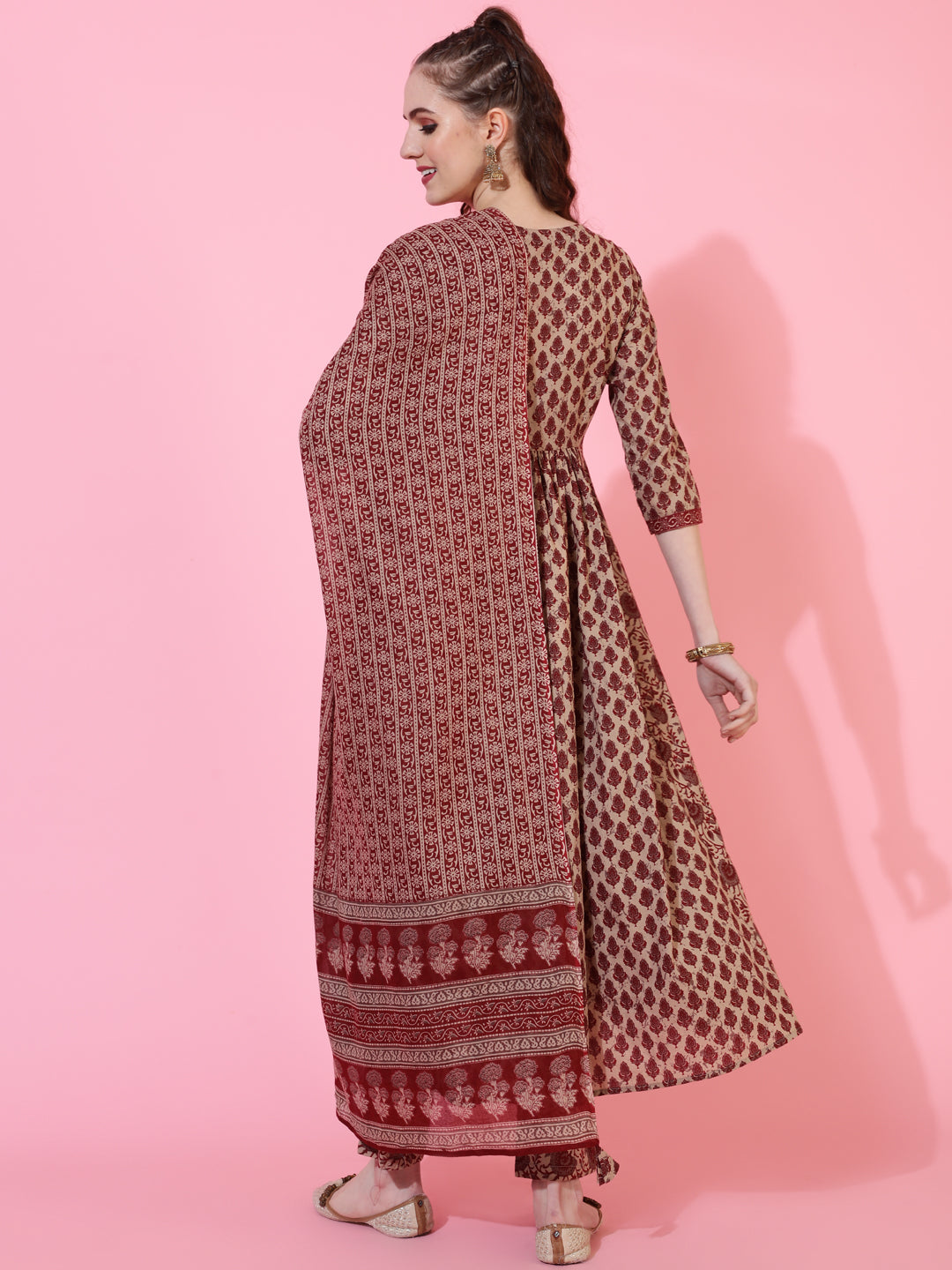Cotton Calf Printed Semi-Flared 3/4 sleeves V-Neck Kurta Bottom Dupatta Set
