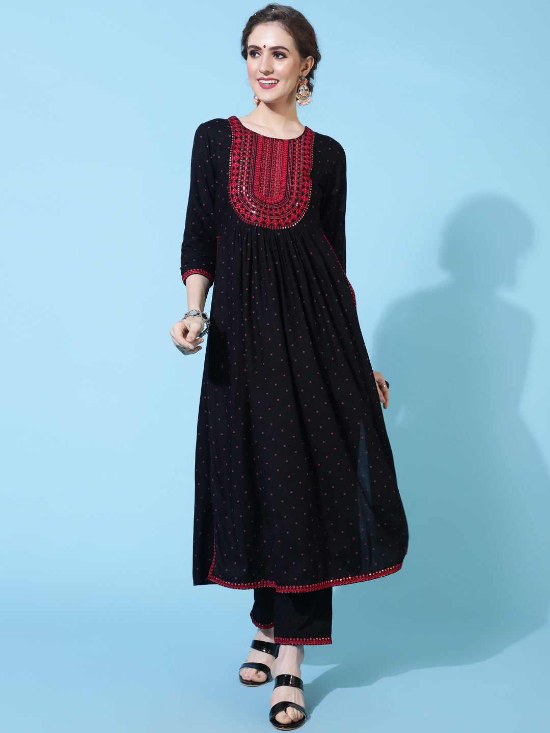 Rayon Calf Solid Semi-Flared 3/4 sleeves Round Neck Kurta Pant Set