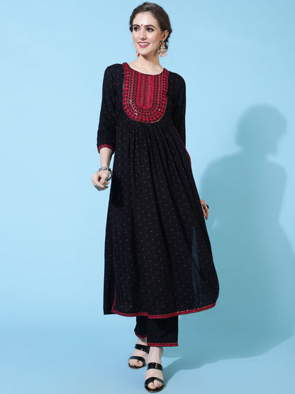 Rayon Calf Solid Semi-Flared 3/4 sleeves Round Neck Kurta Pant Set