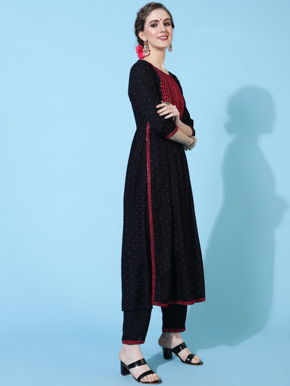 Rayon Calf Solid Semi-Flared 3/4 sleeves Round Neck Kurta Pant Set