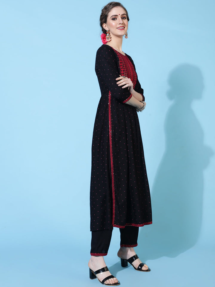 Rayon Calf Solid Semi-Flared 3/4 sleeves Round Neck Kurta Pant Set