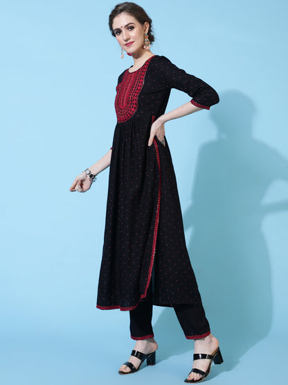 Rayon Calf Solid Semi-Flared 3/4 sleeves Round Neck Kurta Pant Set