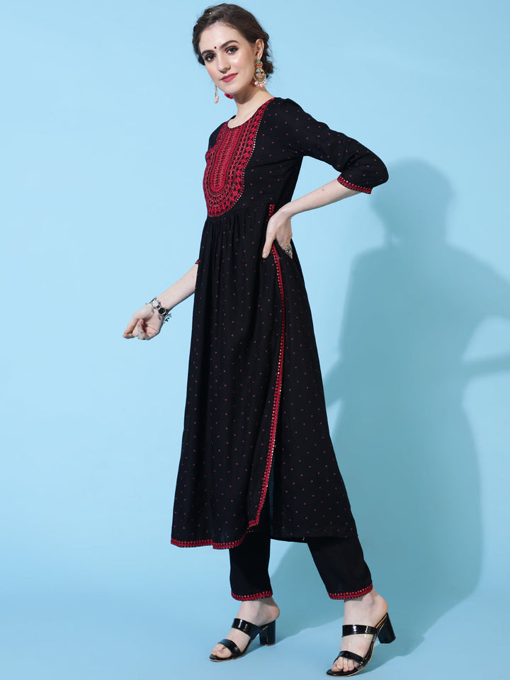 Rayon Calf Solid Semi-Flared 3/4 sleeves Round Neck Kurta Pant Set