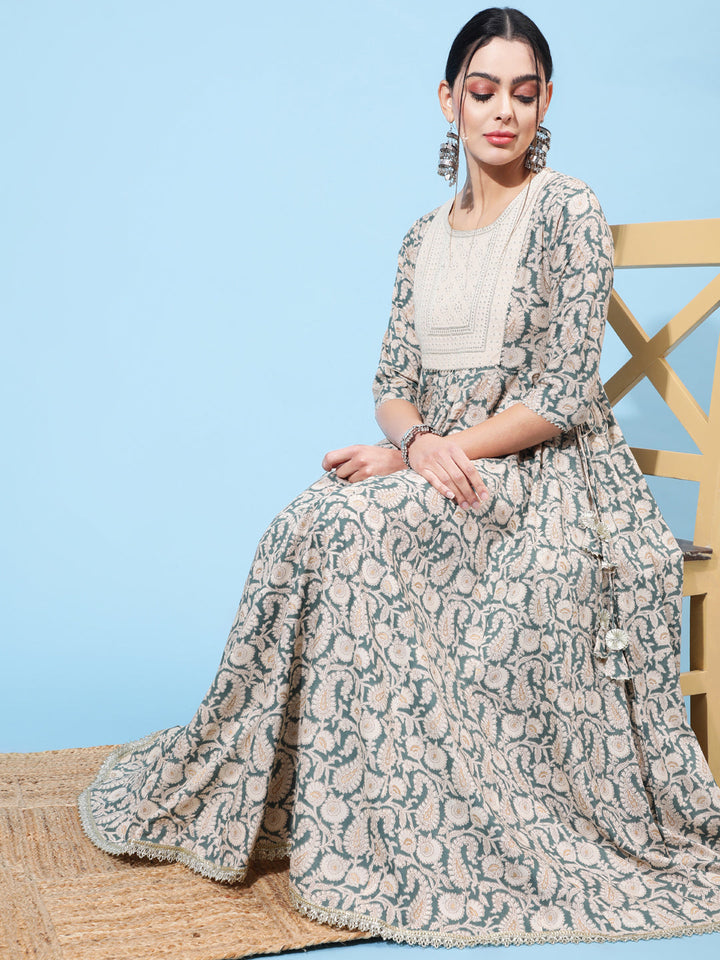 Rayon Ankle Length Printed Flared 3/4 Sleeve Round Neck Kurta