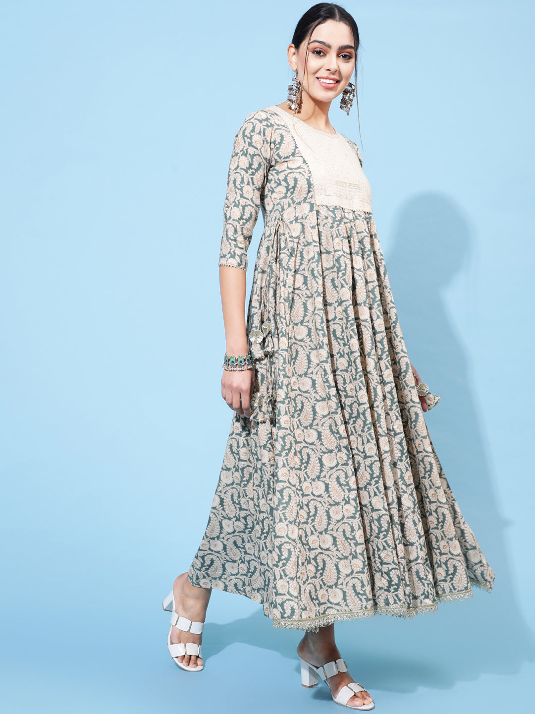 Rayon Ankle Length Printed Flared 3/4 Sleeve Round Neck Kurta