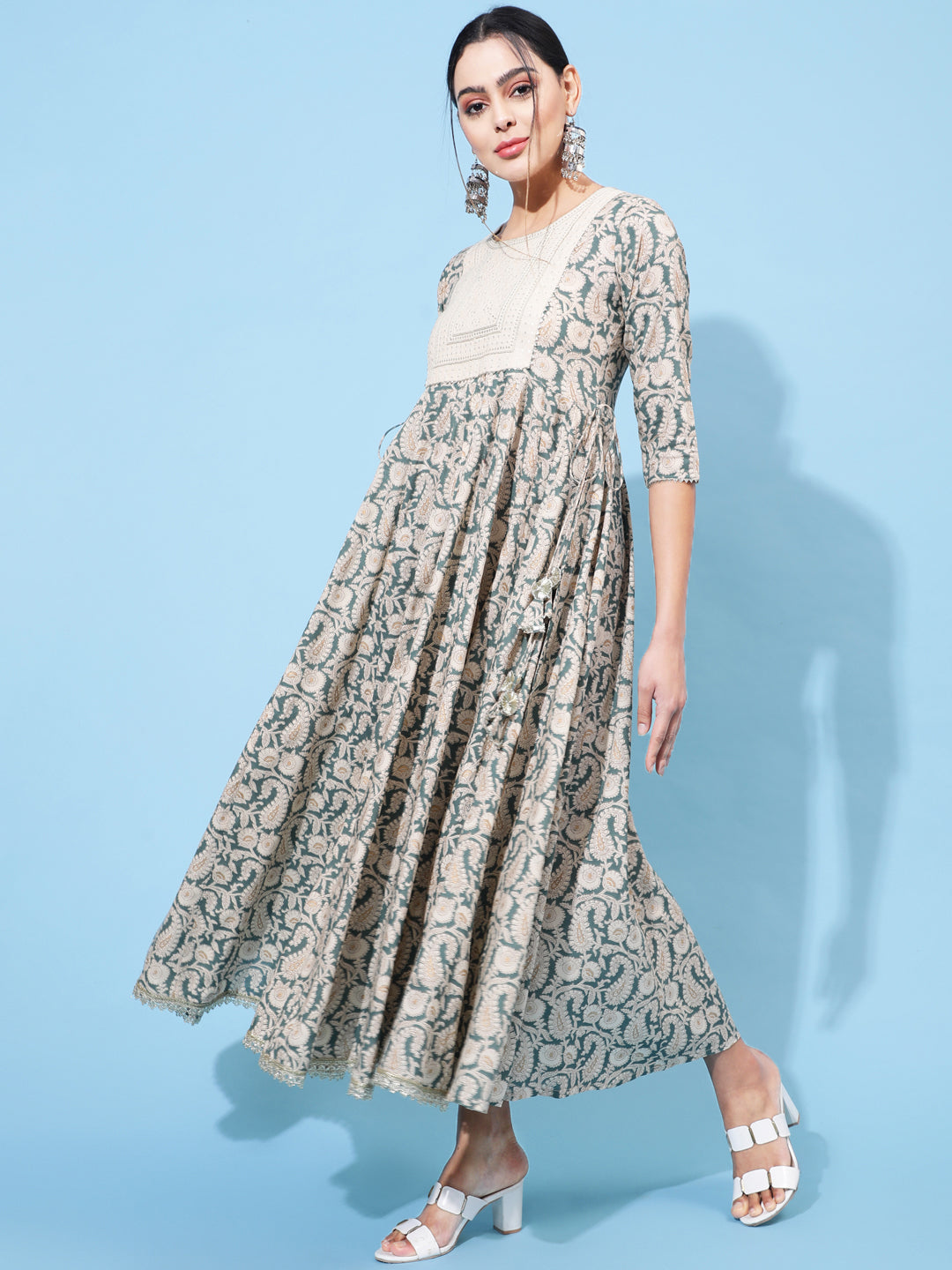 Rayon Ankle Length Printed Flared 3/4 Sleeve Round Neck Kurta