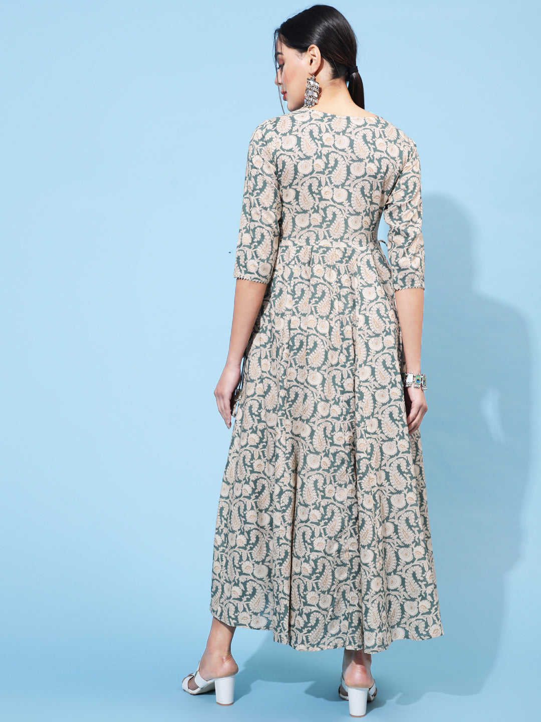 Rayon Ankle Length Printed Flared 3/4 Sleeve Round Neck Kurta