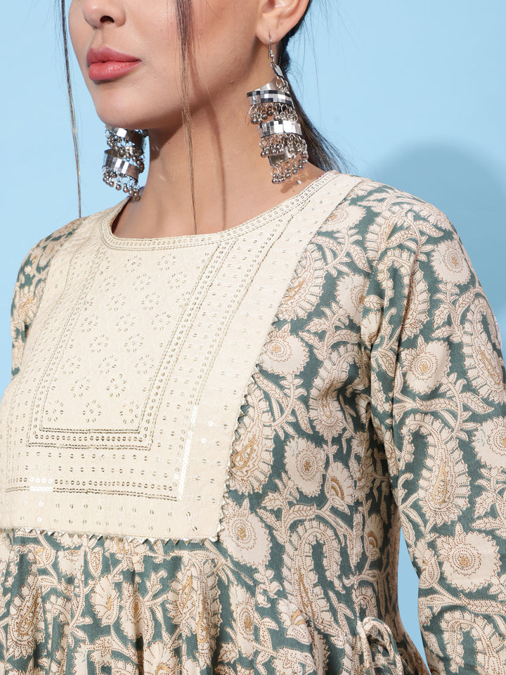 Rayon Ankle Length Printed Flared 3/4 Sleeve Round Neck Kurta