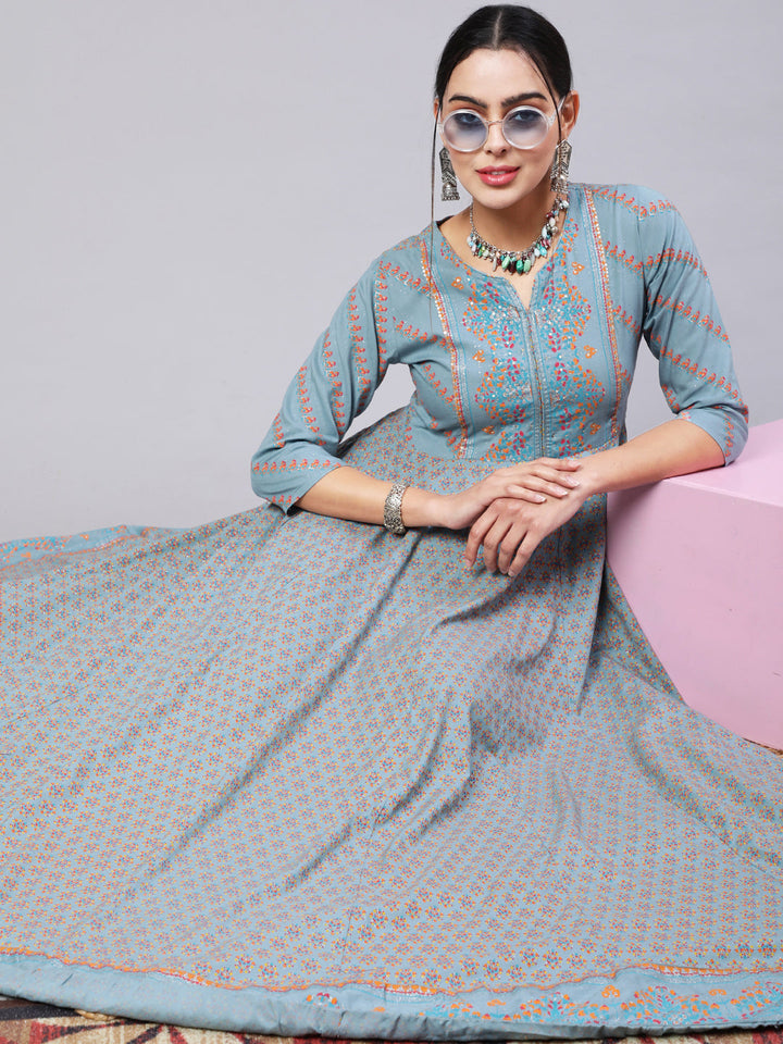 Rayon Ankle Length Printed Flared 3/4 Sleeve Round Neck Kurta