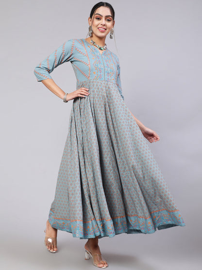 Rayon Ankle Length Printed Flared 3/4 Sleeve Round Neck Kurta