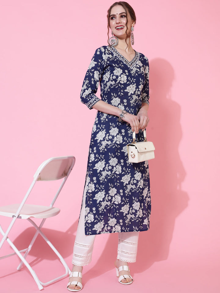 Cotton Calf Printed Straight 3/4 Sleeve V-neck Kurta