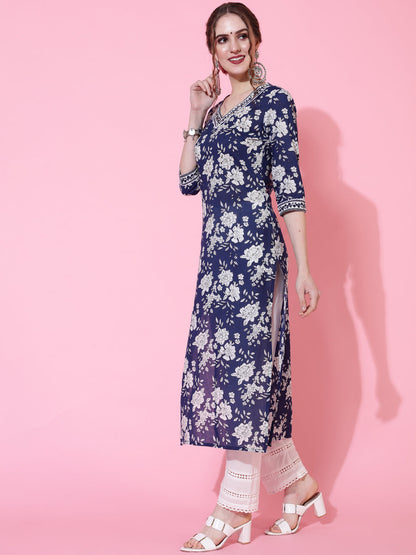 Cotton Calf Printed Straight 3/4 Sleeve V-neck Kurta