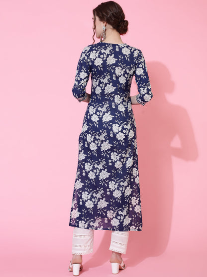 Cotton Calf Printed Straight 3/4 Sleeve V-neck Kurta