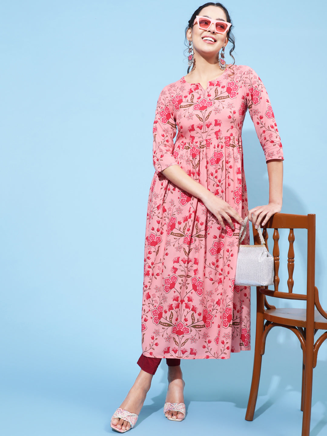 Rayon Calf Printed Semi-Flared  3/4 Sleeve Round Neck Kurta