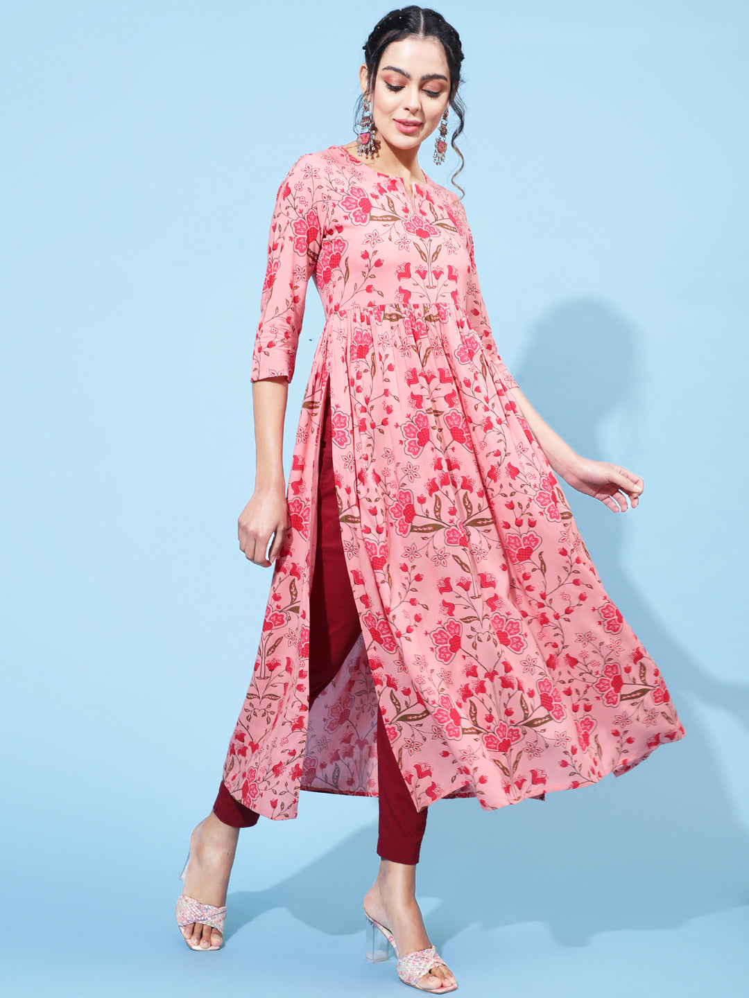 Rayon Calf Printed Semi-Flared  3/4 Sleeve Round Neck Kurta
