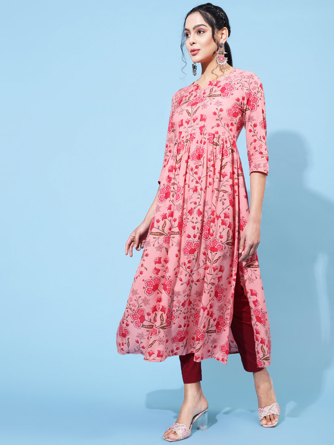 Rayon Calf Printed Semi-Flared  3/4 Sleeve Round Neck Kurta