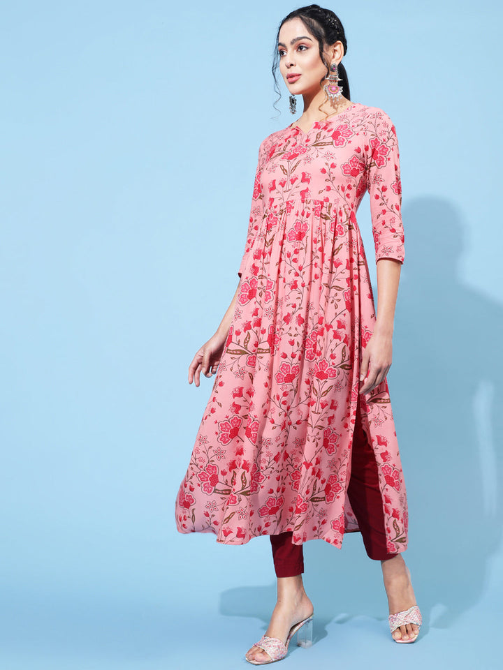 Rayon Calf Printed Semi-Flared  3/4 Sleeve Round Neck Kurta