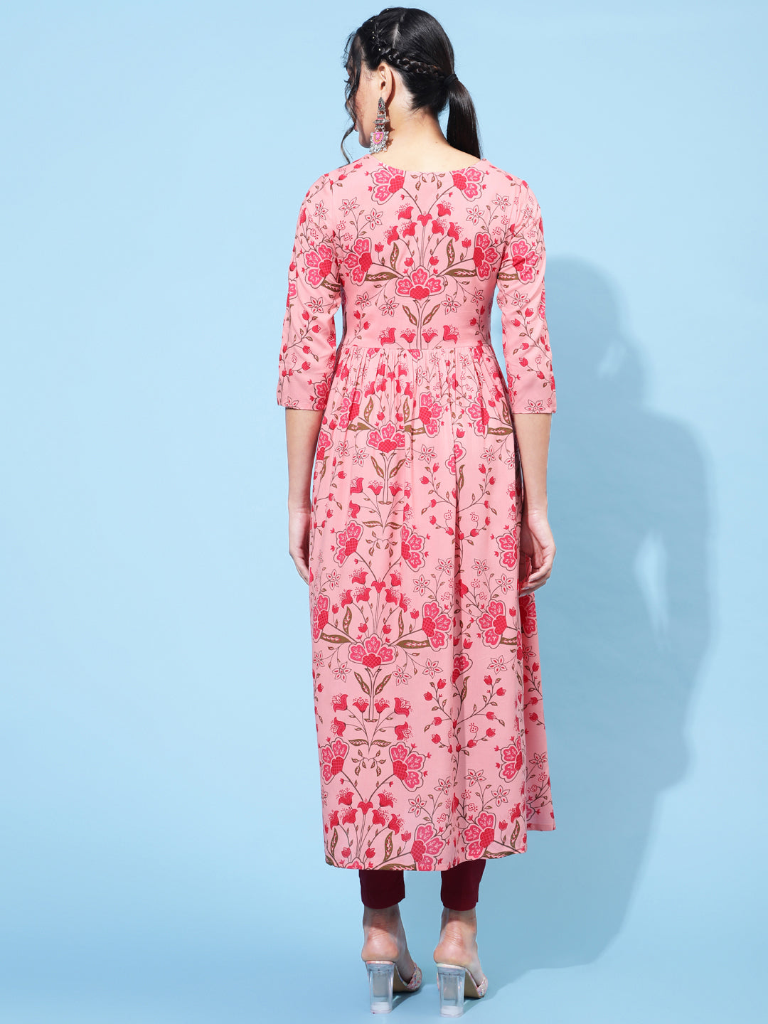 Rayon Calf Printed Semi-Flared  3/4 Sleeve Round Neck Kurta