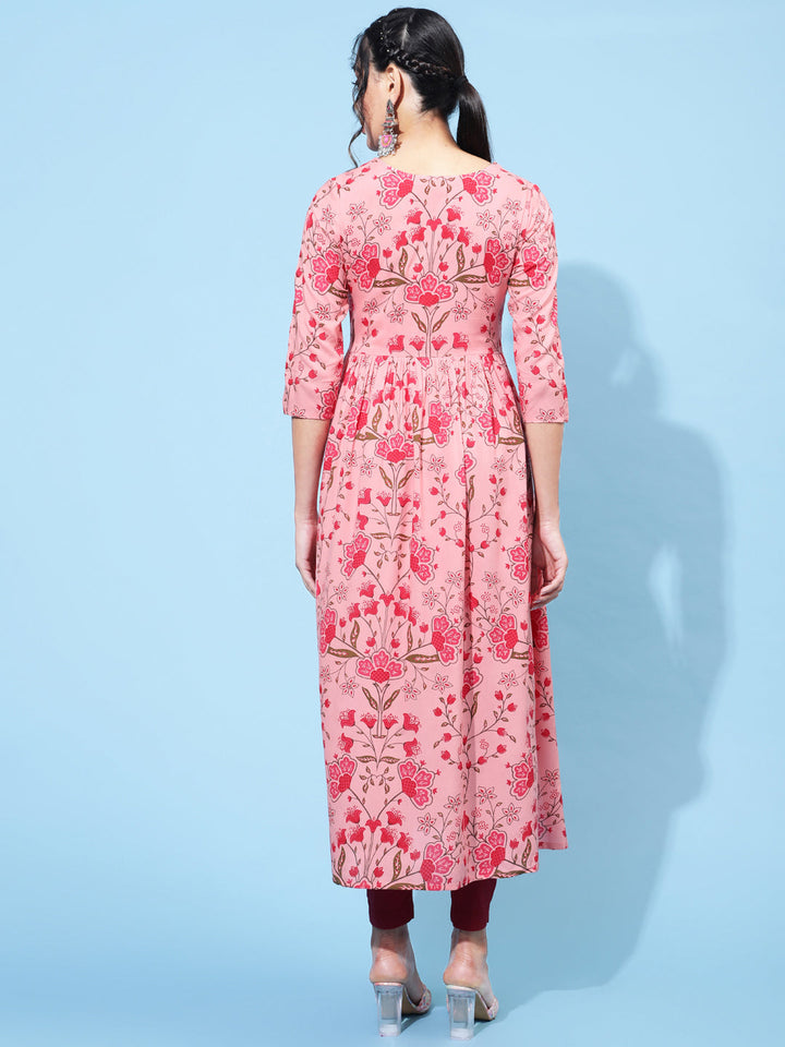 Rayon Calf Printed Semi-Flared  3/4 Sleeve Round Neck Kurta