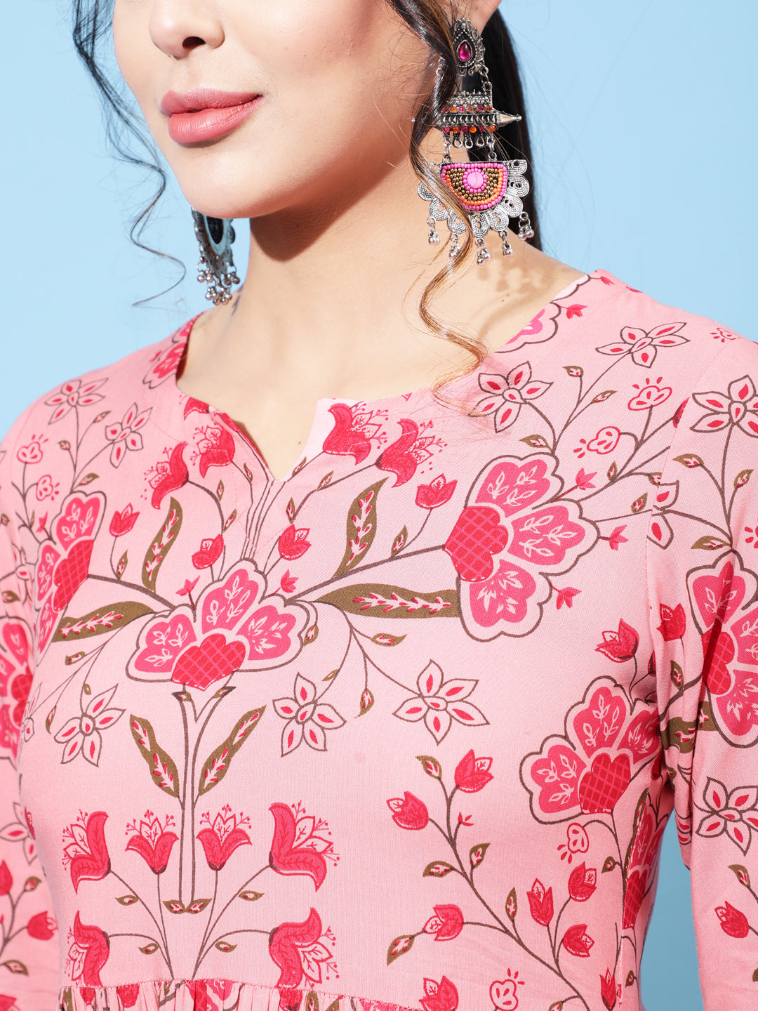 Rayon Calf Printed Semi-Flared  3/4 Sleeve Round Neck Kurta