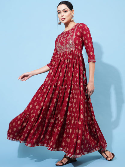 Ankle Length Printed Flared 3/4 Sleeve Round Neck Kurta