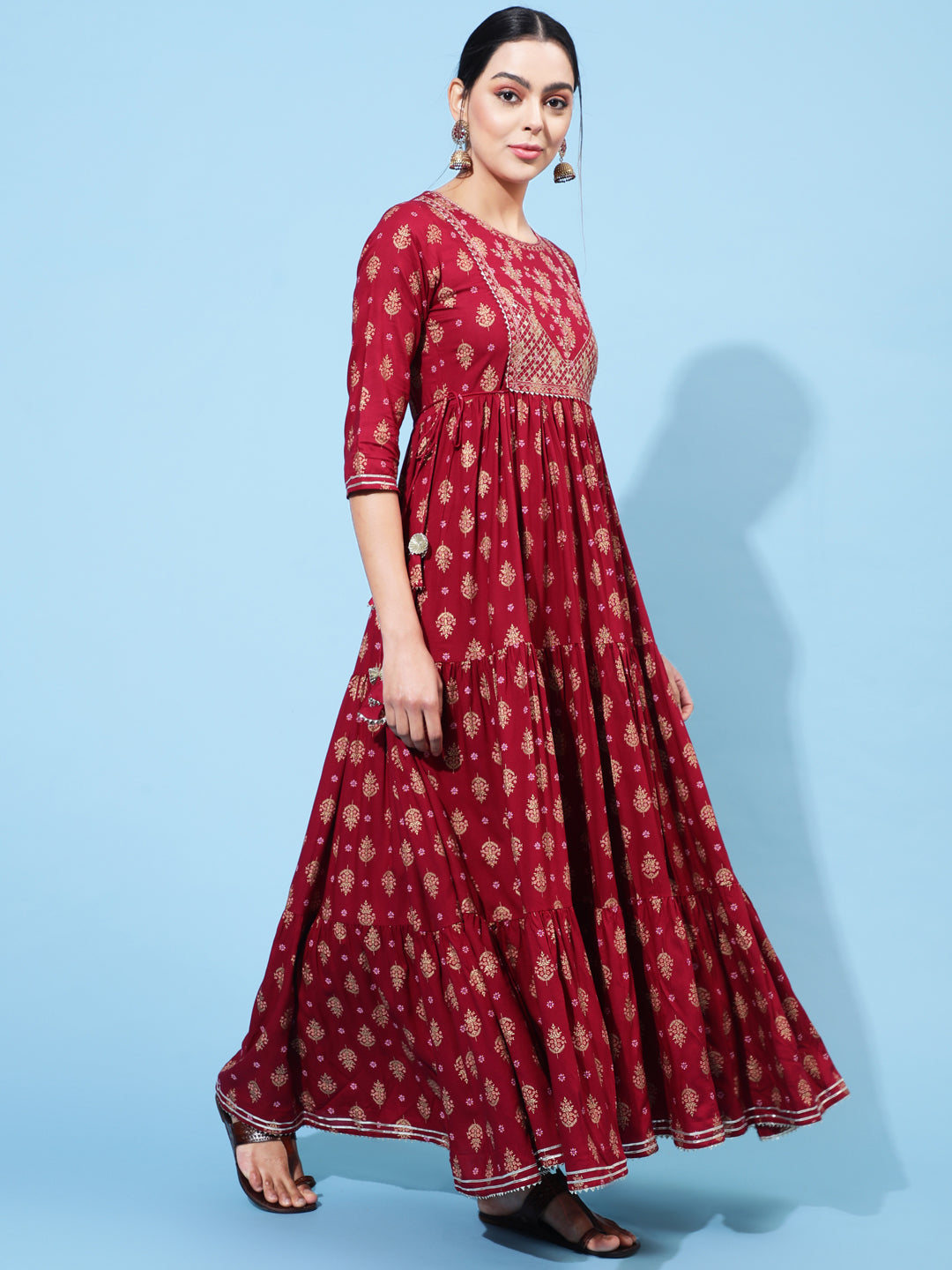 Ankle Length Printed Flared 3/4 Sleeve Round Neck Kurta