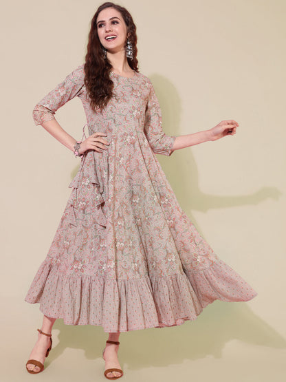 Cotton Printed Calf Length Flared 3/4 Sleeve Round Kurta