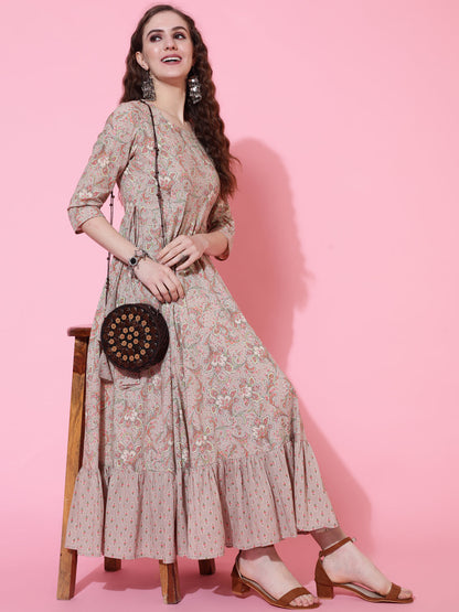 Cotton Printed Calf Length Flared 3/4 Sleeve Round Kurta