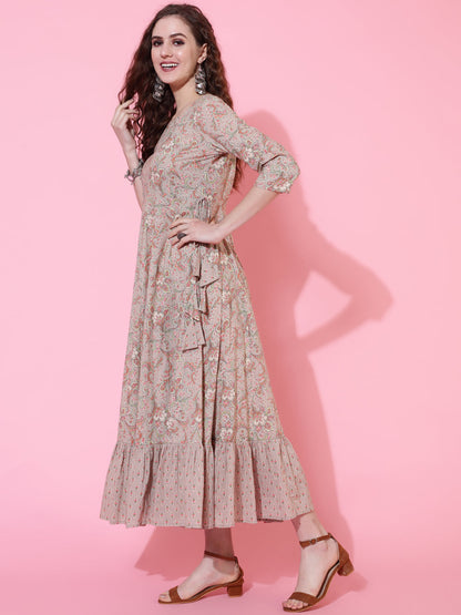 Cotton Printed Calf Length Flared 3/4 Sleeve Round Kurta