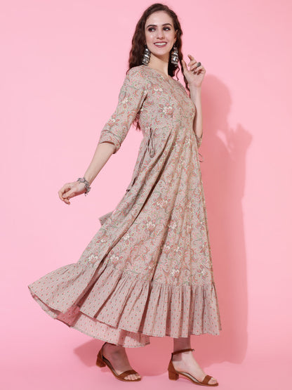 Cotton Printed Calf Length Flared 3/4 Sleeve Round Kurta