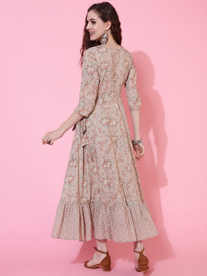 Cotton Printed Calf Length Flared 3/4 Sleeve Round Kurta