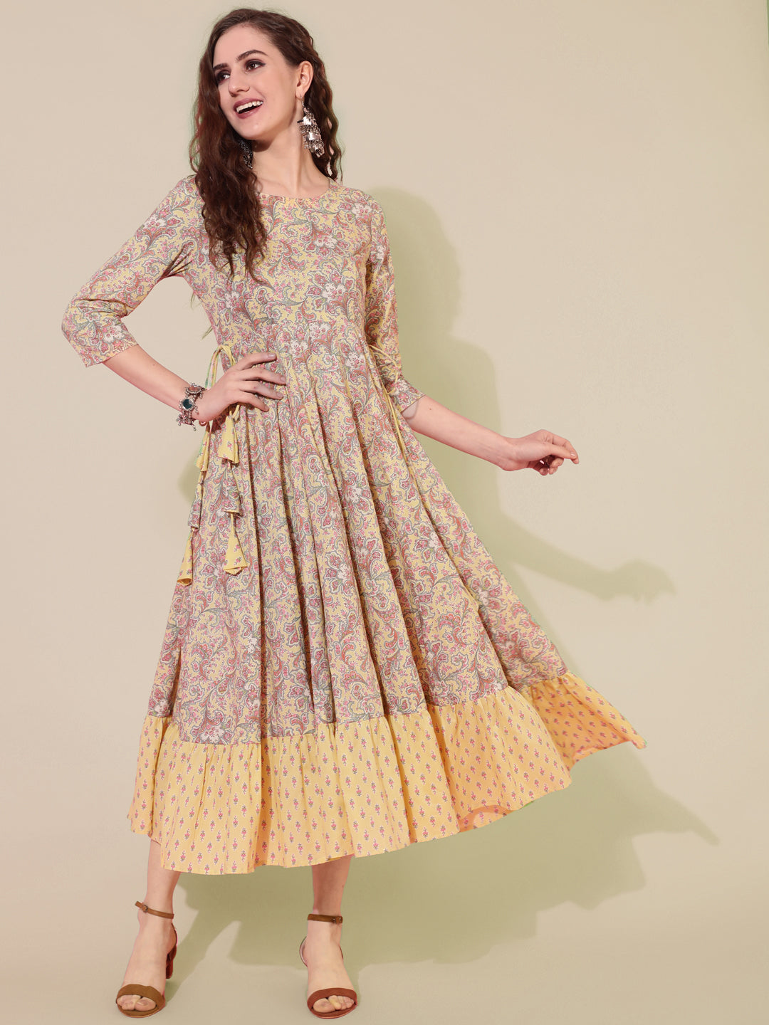 Cotton Printed Calf Length Flared 3/4 Sleeve Round Kurta