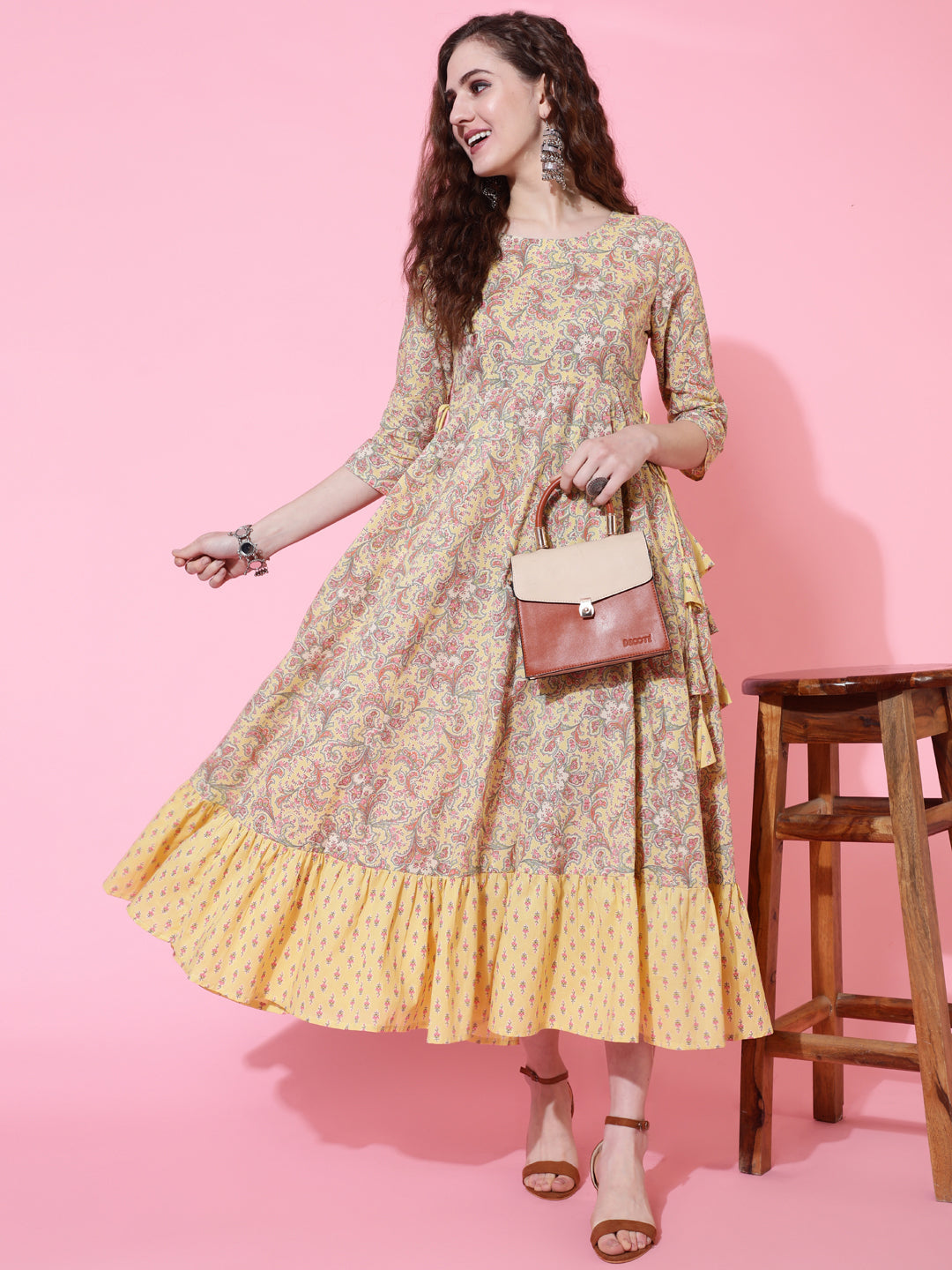 Cotton Printed Calf Length Flared 3/4 Sleeve Round Kurta