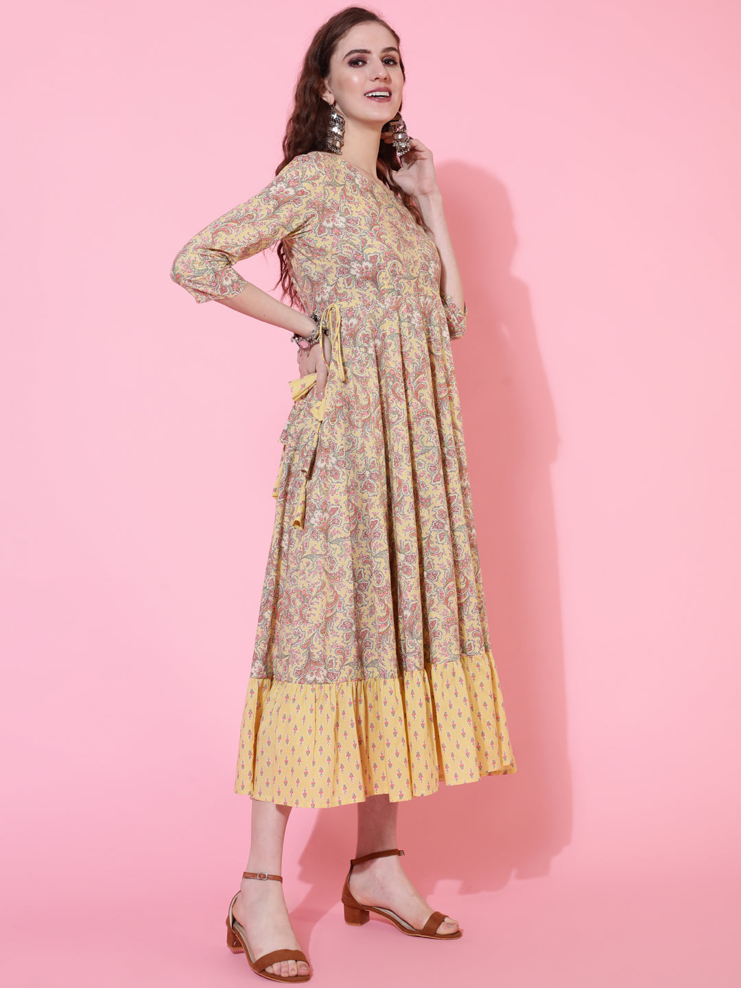 Cotton Printed Calf Length Flared 3/4 Sleeve Round Kurta