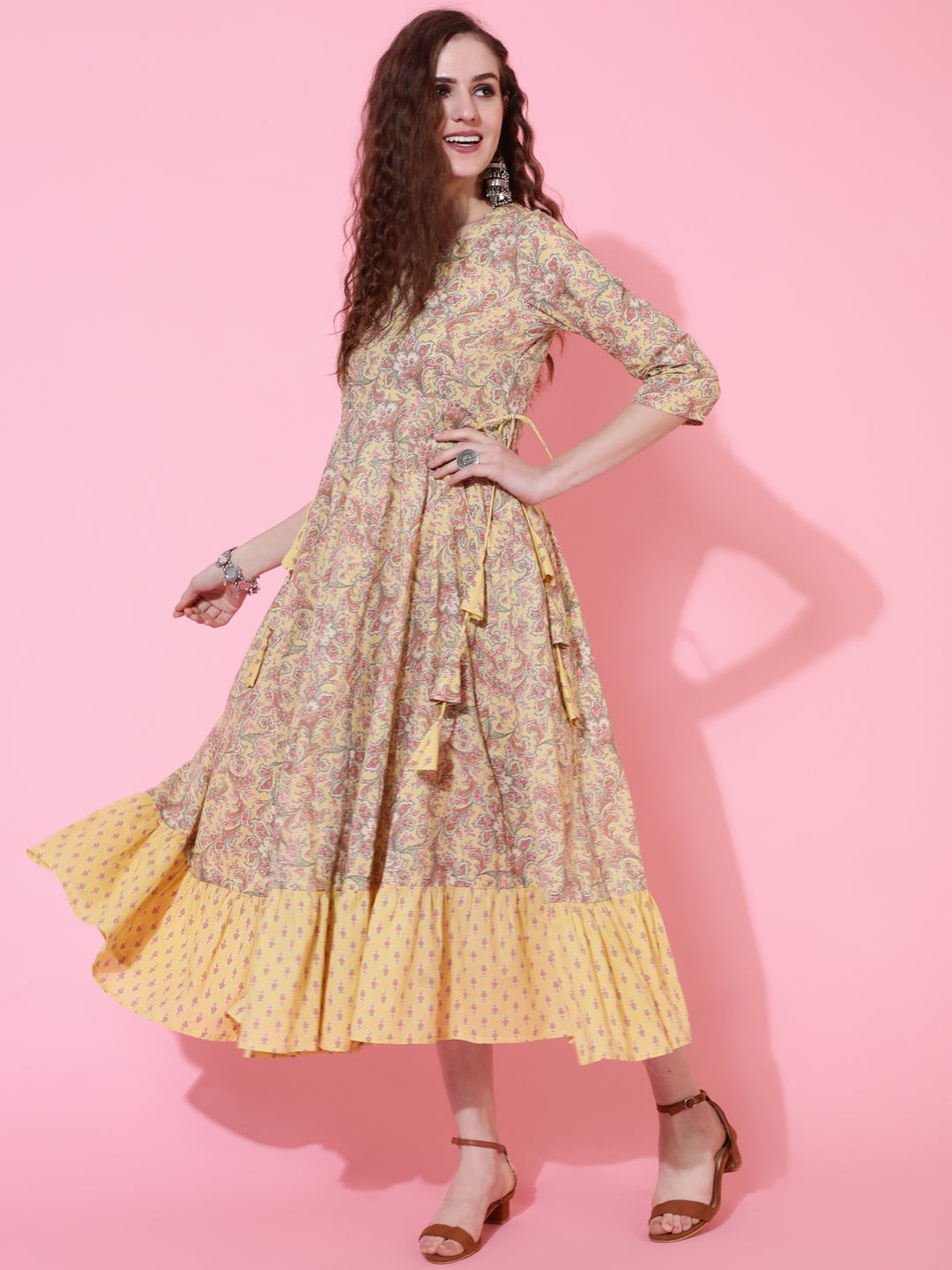 Cotton Printed Calf Length Flared 3/4 Sleeve Round Kurta