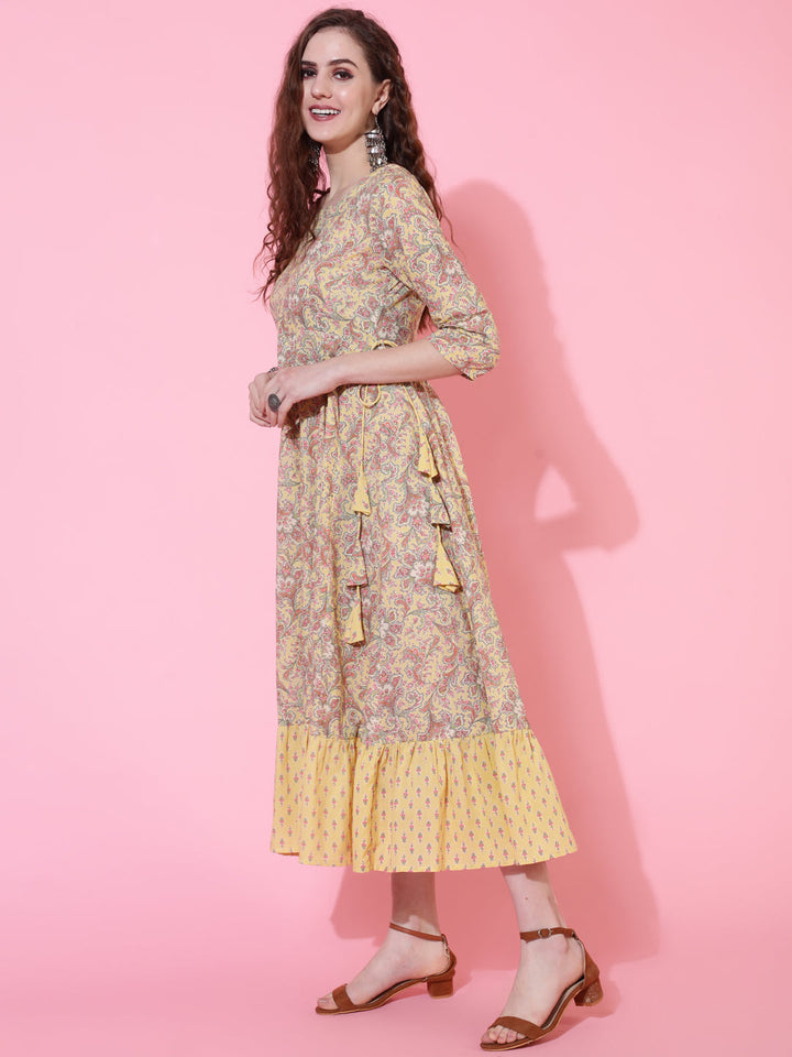 Cotton Printed Calf Length Flared 3/4 Sleeve Round Kurta