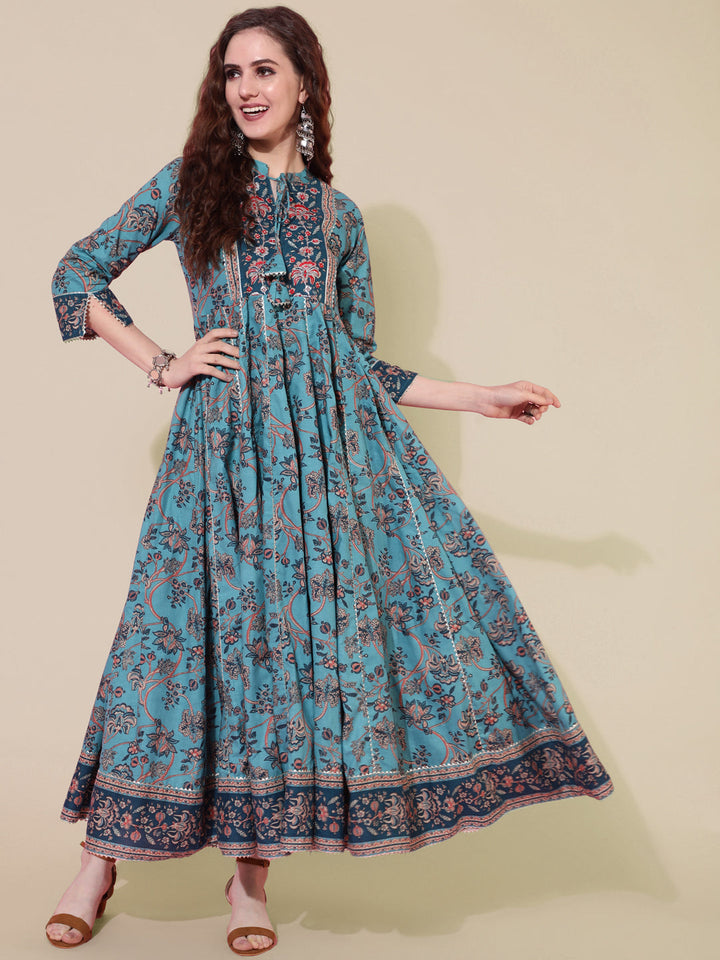 Cotton Printed Ankle Length Flared 3/4 Sleeve Collar Kurta