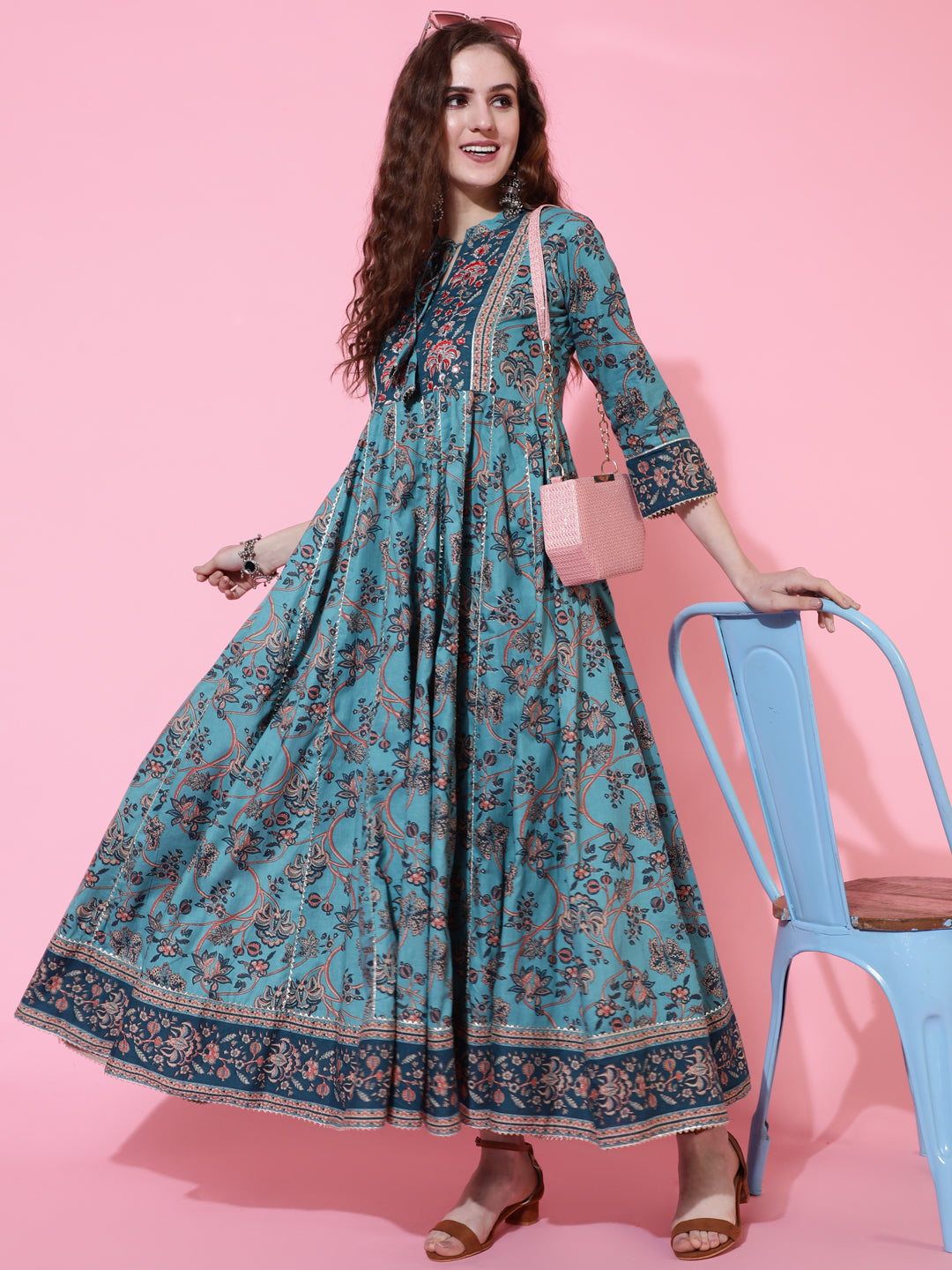 Cotton Printed Ankle Length Flared 3/4 Sleeve Collar Kurta
