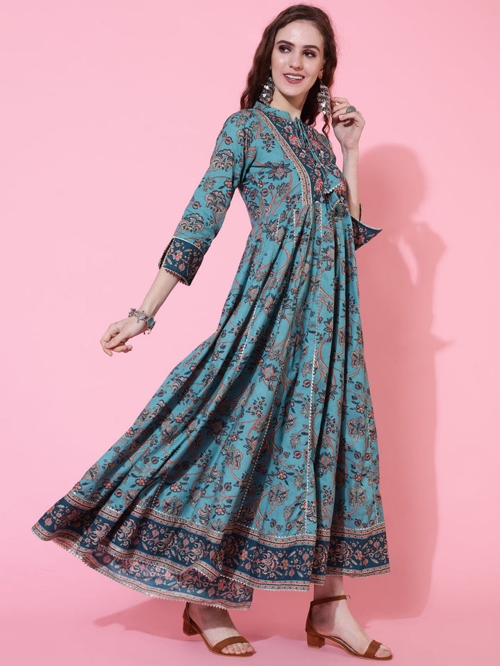 Cotton Printed Ankle Length Flared 3/4 Sleeve Collar Kurta