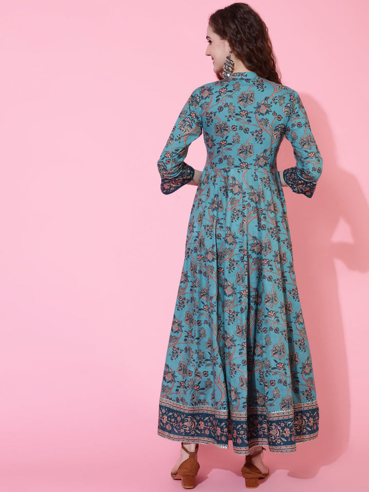 Cotton Printed Ankle Length Flared 3/4 Sleeve Collar Kurta