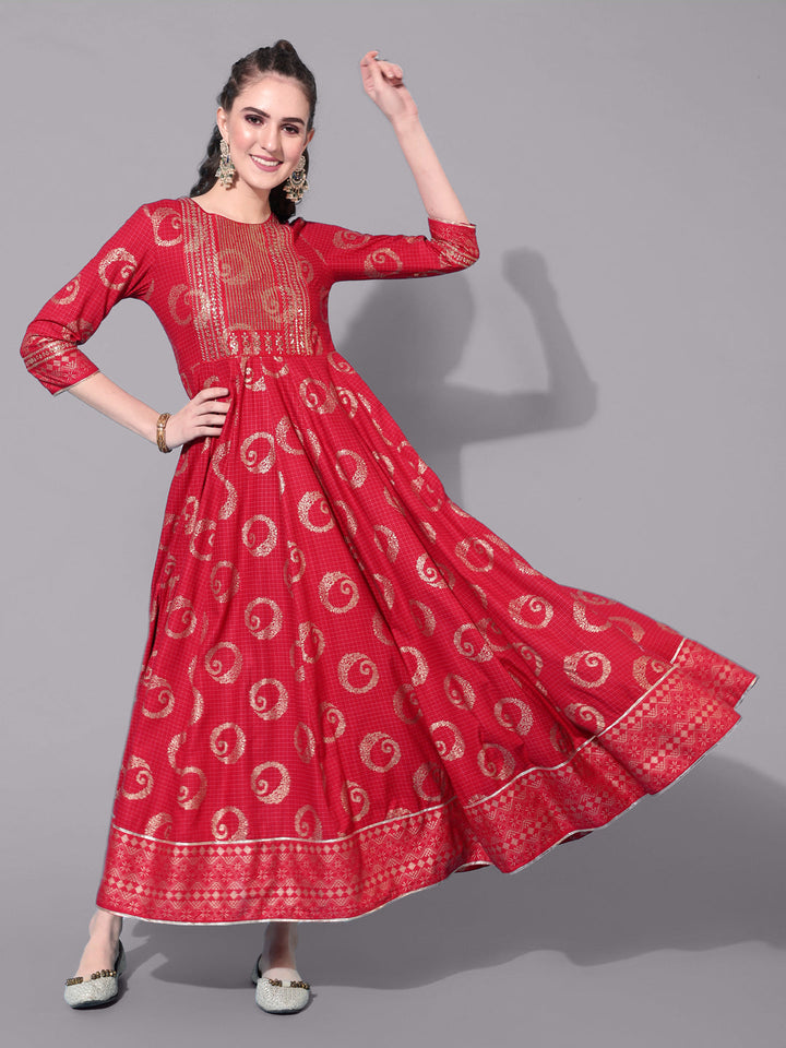 Rayon Printed Ankle Length Flared 3/4 Sleeve Round Kurta