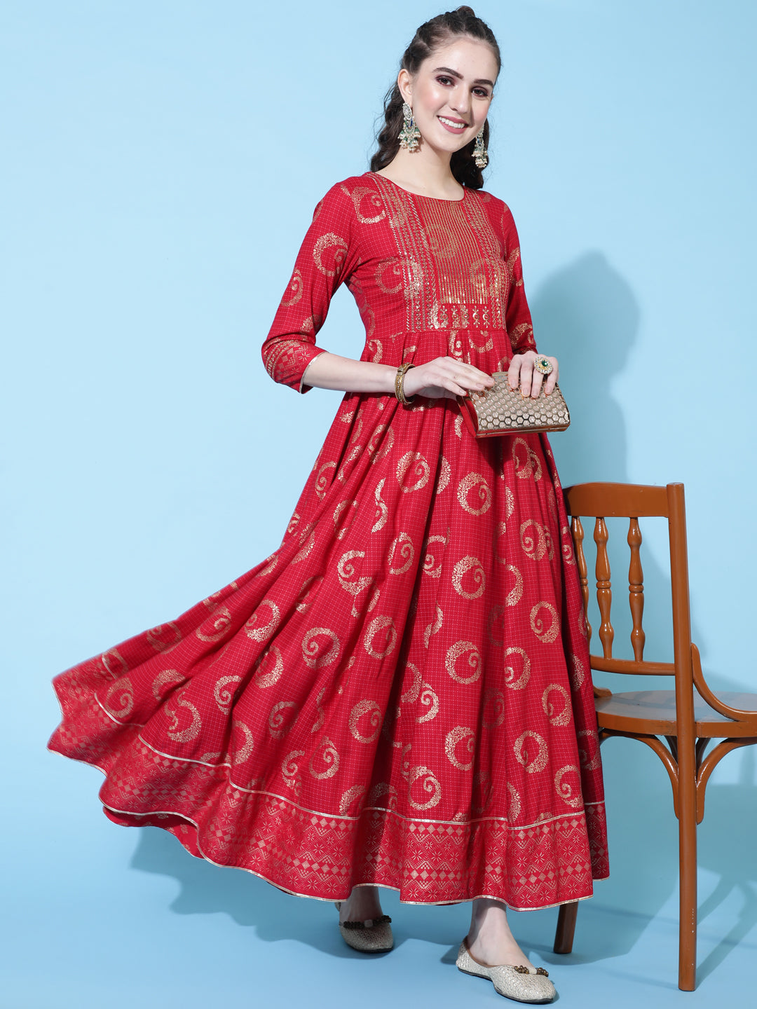 Rayon Printed Ankle Length Flared 3/4 Sleeve Round Kurta