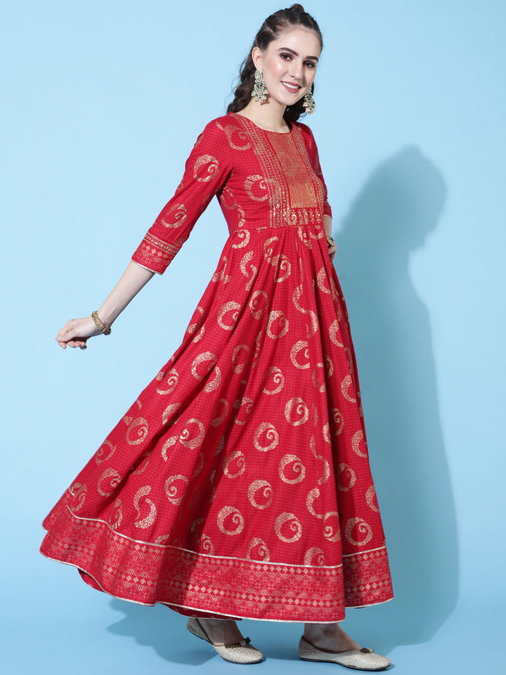 Rayon Printed Ankle Length Flared 3/4 Sleeve Round Kurta