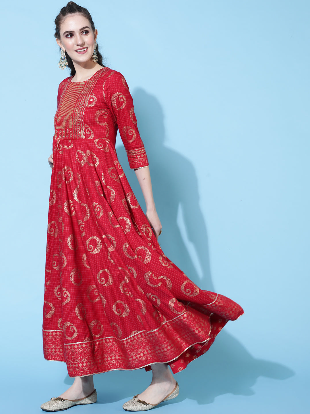 Rayon Printed Ankle Length Flared 3/4 Sleeve Round Kurta