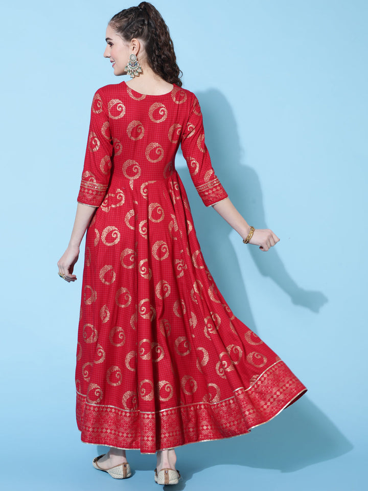 Rayon Printed Ankle Length Flared 3/4 Sleeve Round Kurta