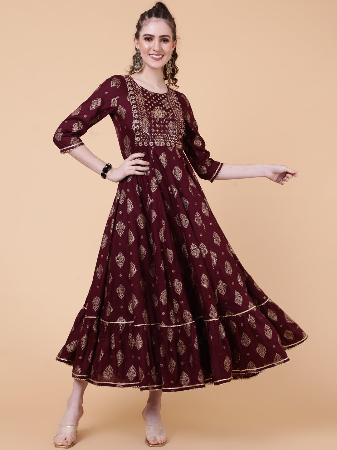 Rayon Ankle Length Printed Flared 3/4  Sleeves Round Neck Kurta