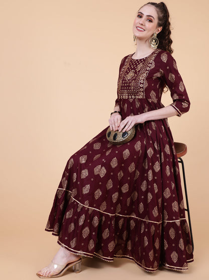 Rayon Ankle Length Printed Flared 3/4  Sleeves Round Neck Kurta