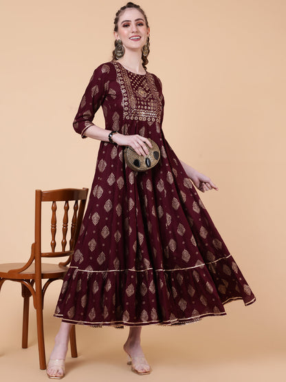 Rayon Ankle Length Printed Flared 3/4  Sleeves Round Neck Kurta