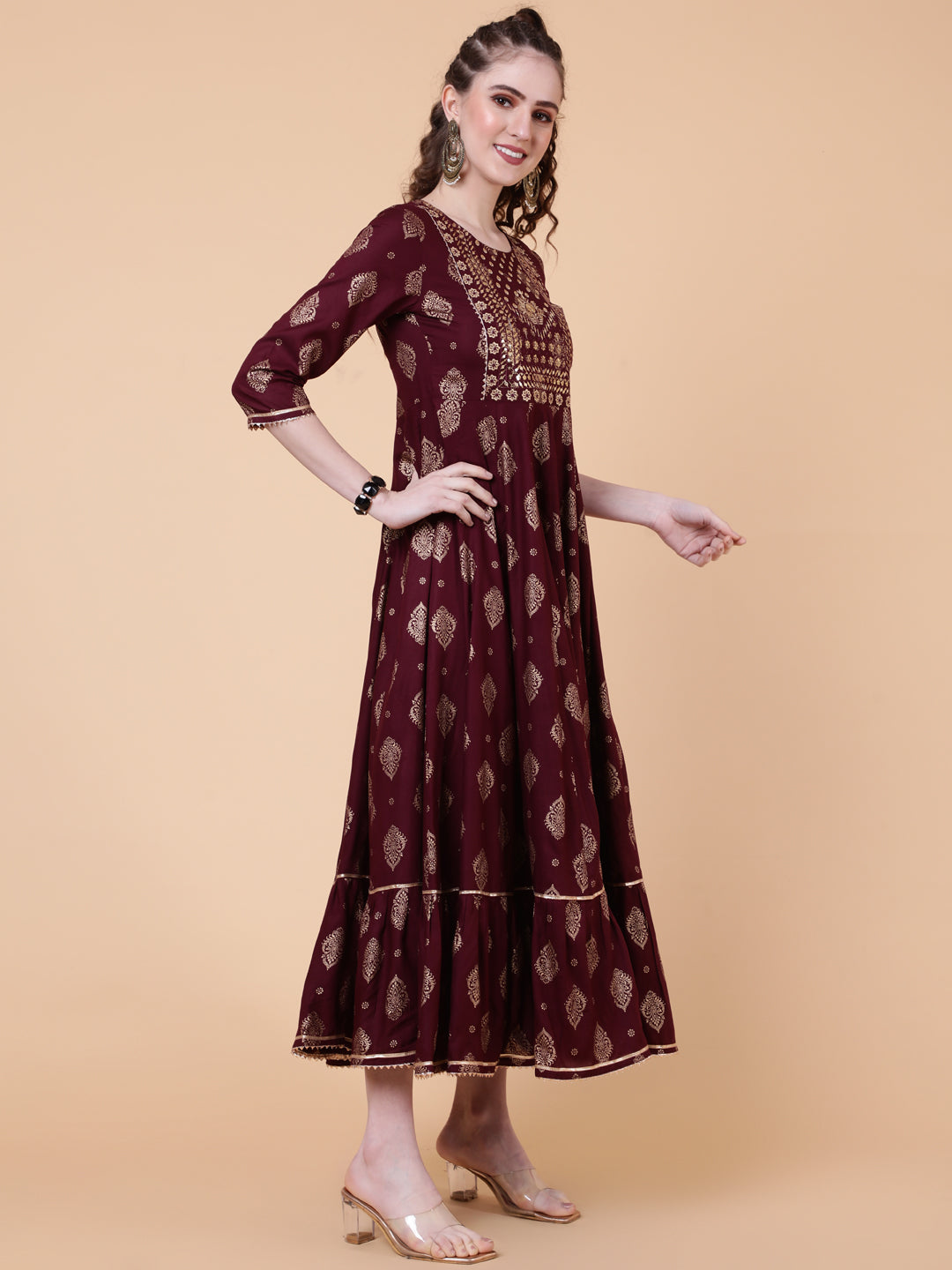 Rayon Ankle Length Printed Flared 3/4  Sleeves Round Neck Kurta