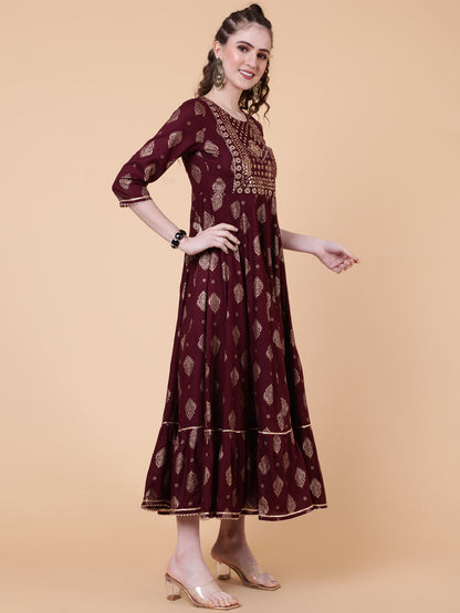 Rayon Ankle Length Printed Flared 3/4  Sleeves Round Neck Kurta